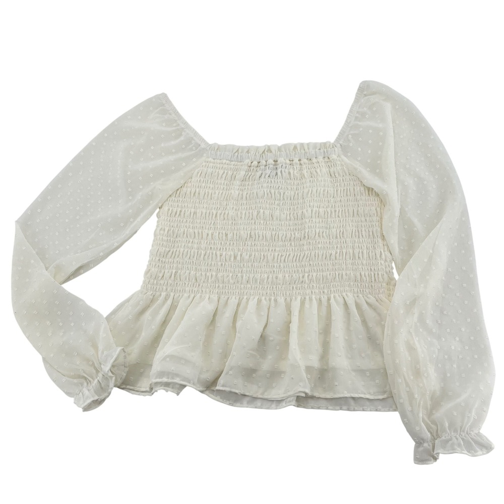 Moa Moa White Swiss Dot Smocked Peplum Top Long Sleeve Square Neck Medium